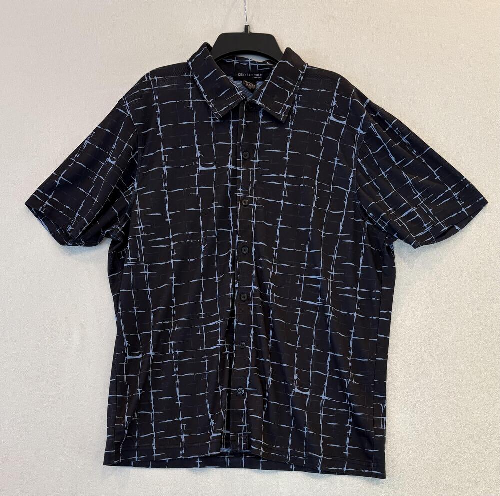 Kenneth Cole New York Shirt Mens Large Black Geometric Button Up Stretch